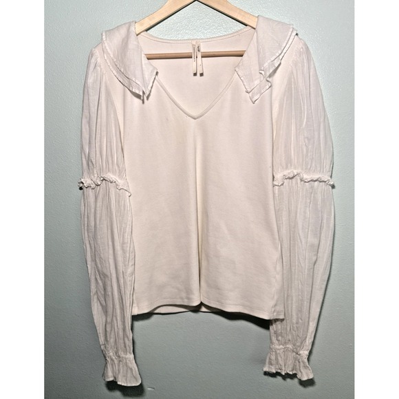 By Anthropologie Ruffled white Blouse Top Ribbed Long Sleeve L boho - Picture 2 of 8